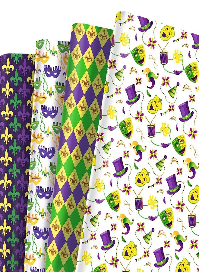 Geluode Mardi Gras Masquerade Party Wrapping Papers For Carnival Holiday, Masquerade Party and Birthday, 4 Sheets 4 Styles Fleur-de-lis, Diamond, Mask, Blindfold Design, Folded Flat 20x28 Inch Per Sheet - Image 1